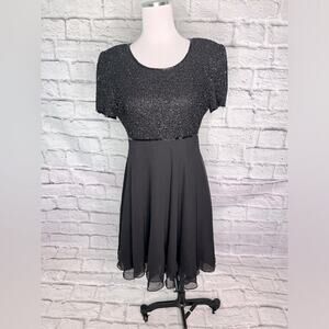 Vintage Laurence Kazar black beaded bodice chiffon dress size medium